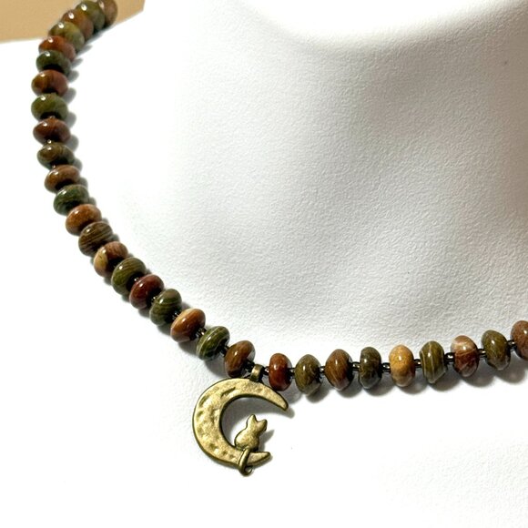 Genuine Earthy Polychrome Jasper Bronze Cat on the Moon Beaded Short Necklace - Picture 1 of 13